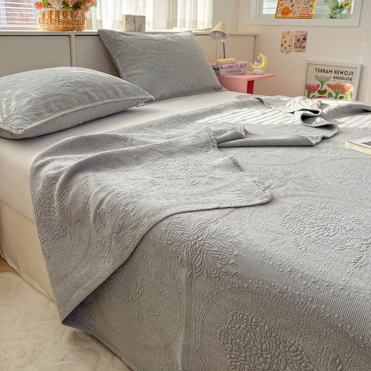 91家纺网 家纺一手货源 找家纺 栩裕纺织 2025新款全棉大提花砂洗床盖三件套—花开富贵大圆满系列 圆满-灰
