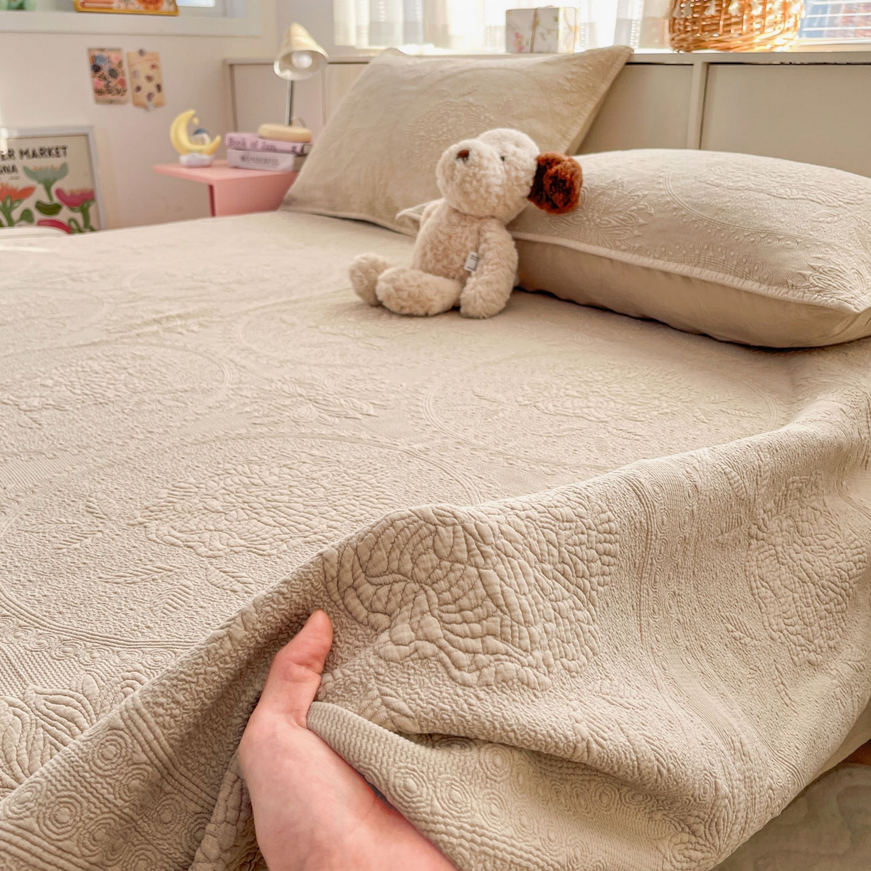 91家纺网 家纺一手货源 找家纺 栩裕纺织 2025新款全棉大提花砂洗床盖三件套—花开富贵大圆满系列 圆满-卡