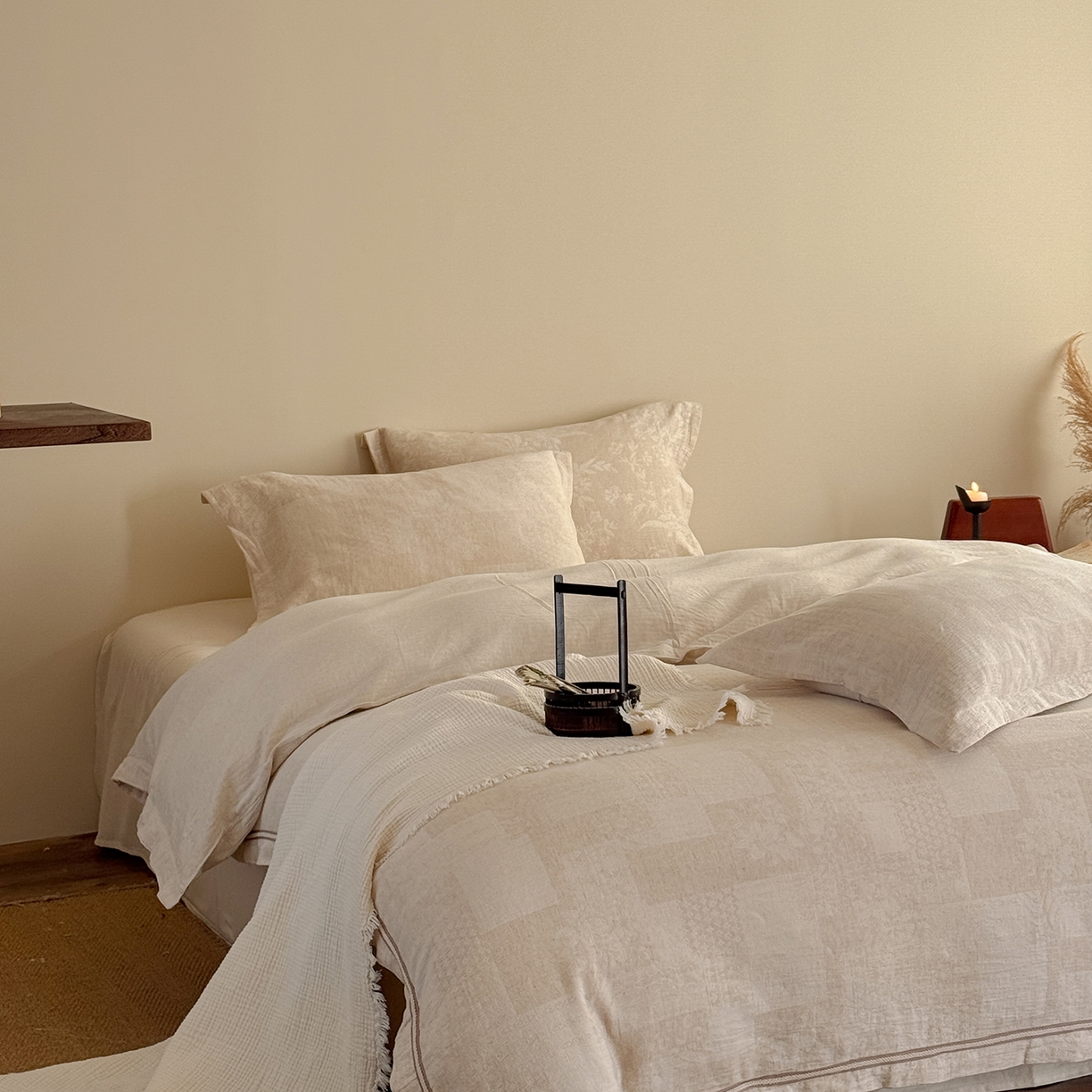 91家纺网 家纺一手货源 找家纺 （总）爱丽丝 2026新款色织提花棉麻四件套-层次美学织带款