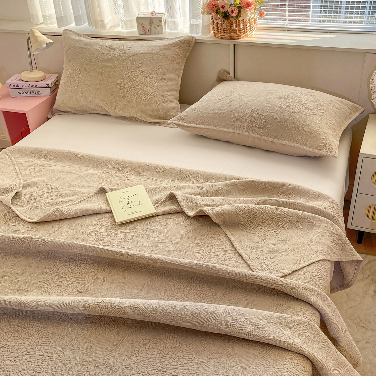 91家纺网 家纺一手货源 找家纺 栩裕纺织 2025新款全棉大提花砂洗床盖三件套—花开富贵大圆满系列 圆满-卡