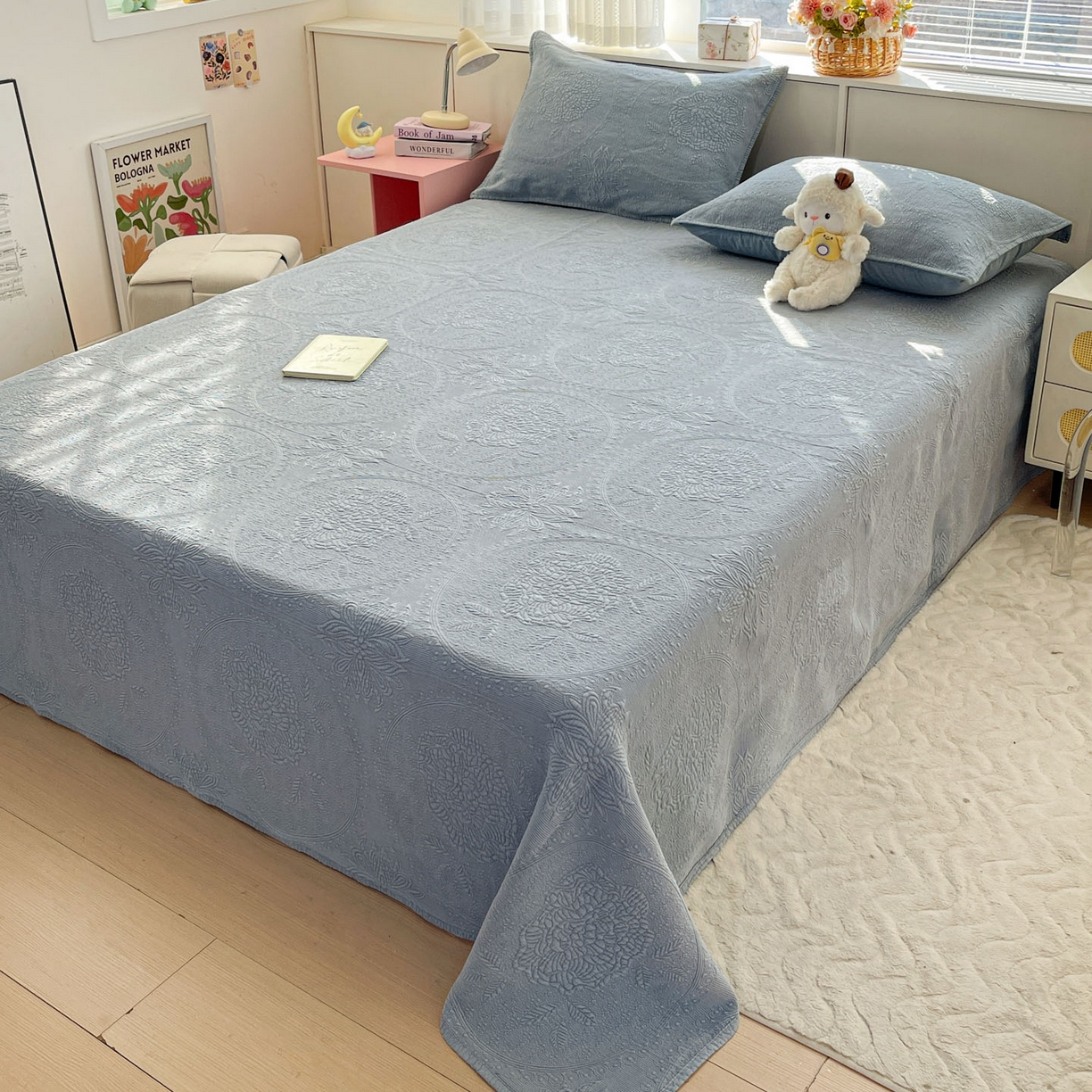 91家纺网 家纺一手货源 找家纺 栩裕纺织 2025新款全棉大提花砂洗床盖三件套—花开富贵大圆满系列 圆满-蓝