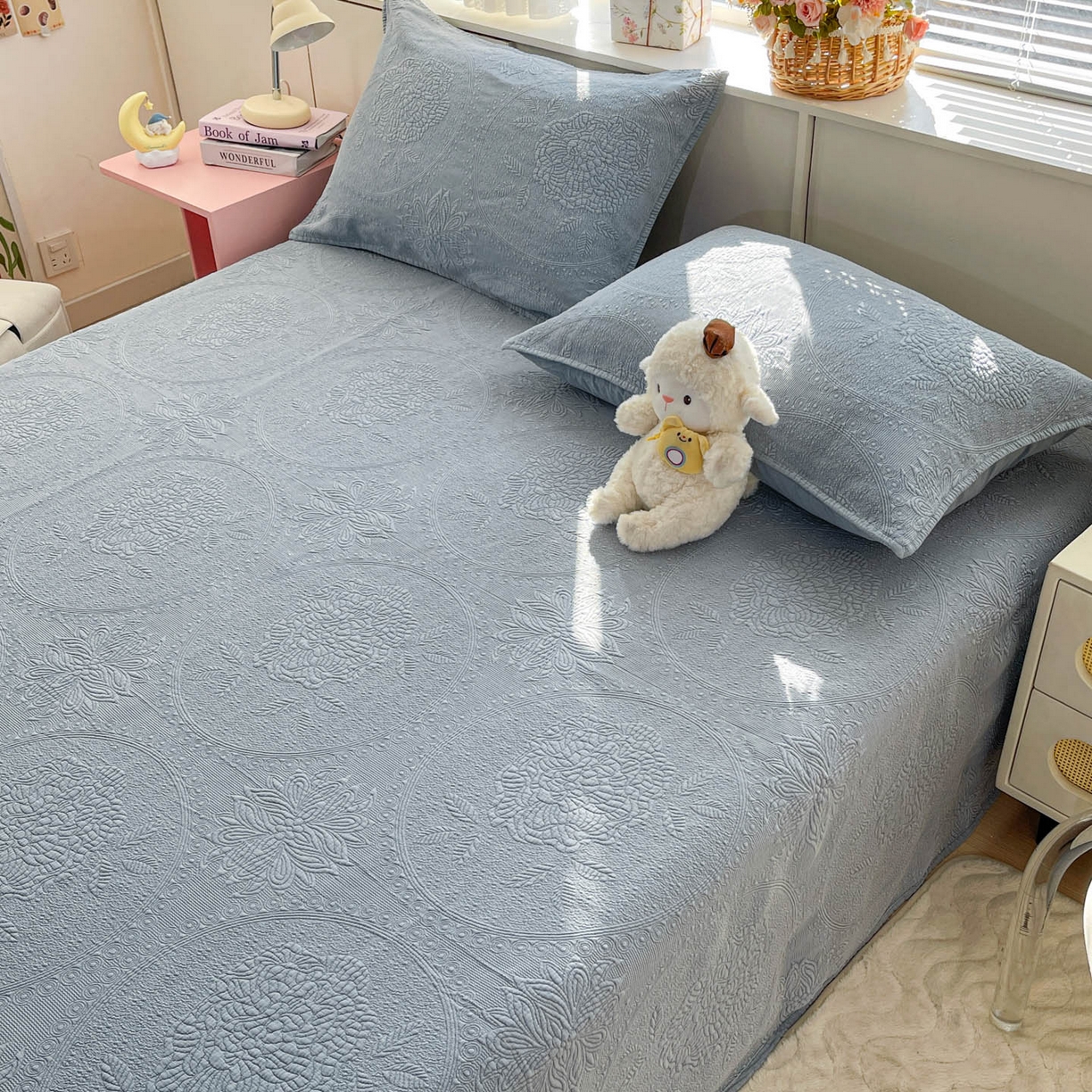 91家纺网 家纺一手货源 找家纺 栩裕纺织 2025新款全棉大提花砂洗床盖三件套—花开富贵大圆满系列 圆满-蓝