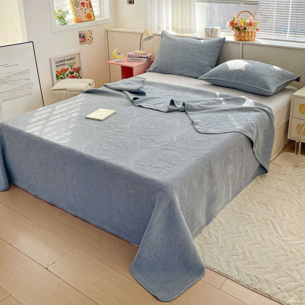 91家纺网 家纺一手货源 找家纺 栩裕纺织 2025新款全棉大提花砂洗床盖三件套—花开富贵大圆满系列 圆满-蓝