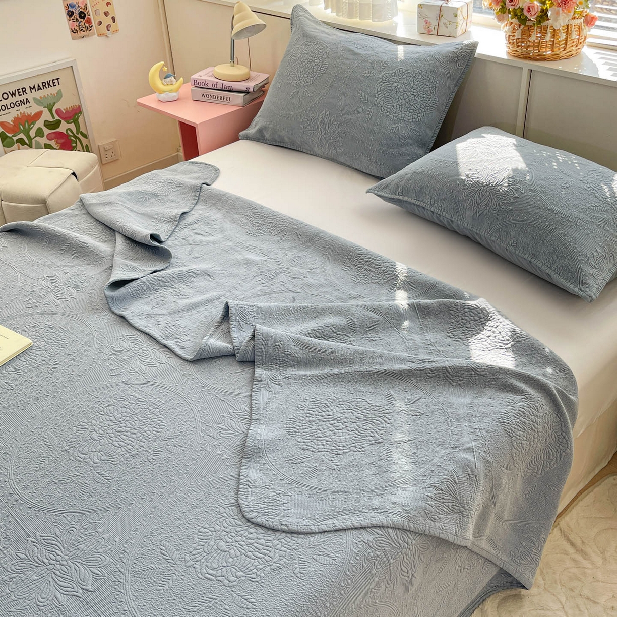 91家纺网 家纺一手货源 找家纺 栩裕纺织 2025新款全棉大提花砂洗床盖三件套—花开富贵大圆满系列 圆满-蓝