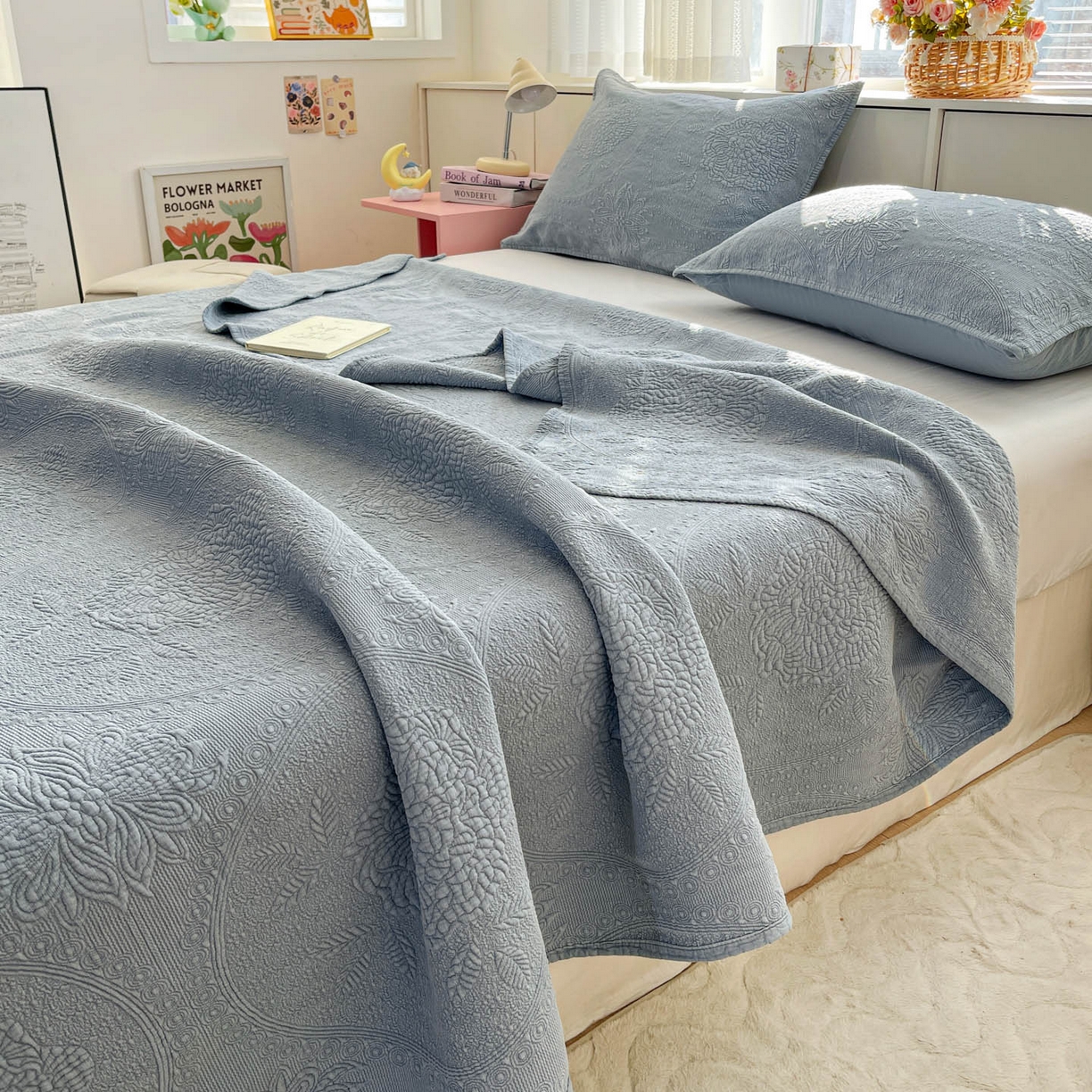 91家纺网 家纺一手货源 找家纺 栩裕纺织 2025新款全棉大提花砂洗床盖三件套—花开富贵大圆满系列 圆满-蓝