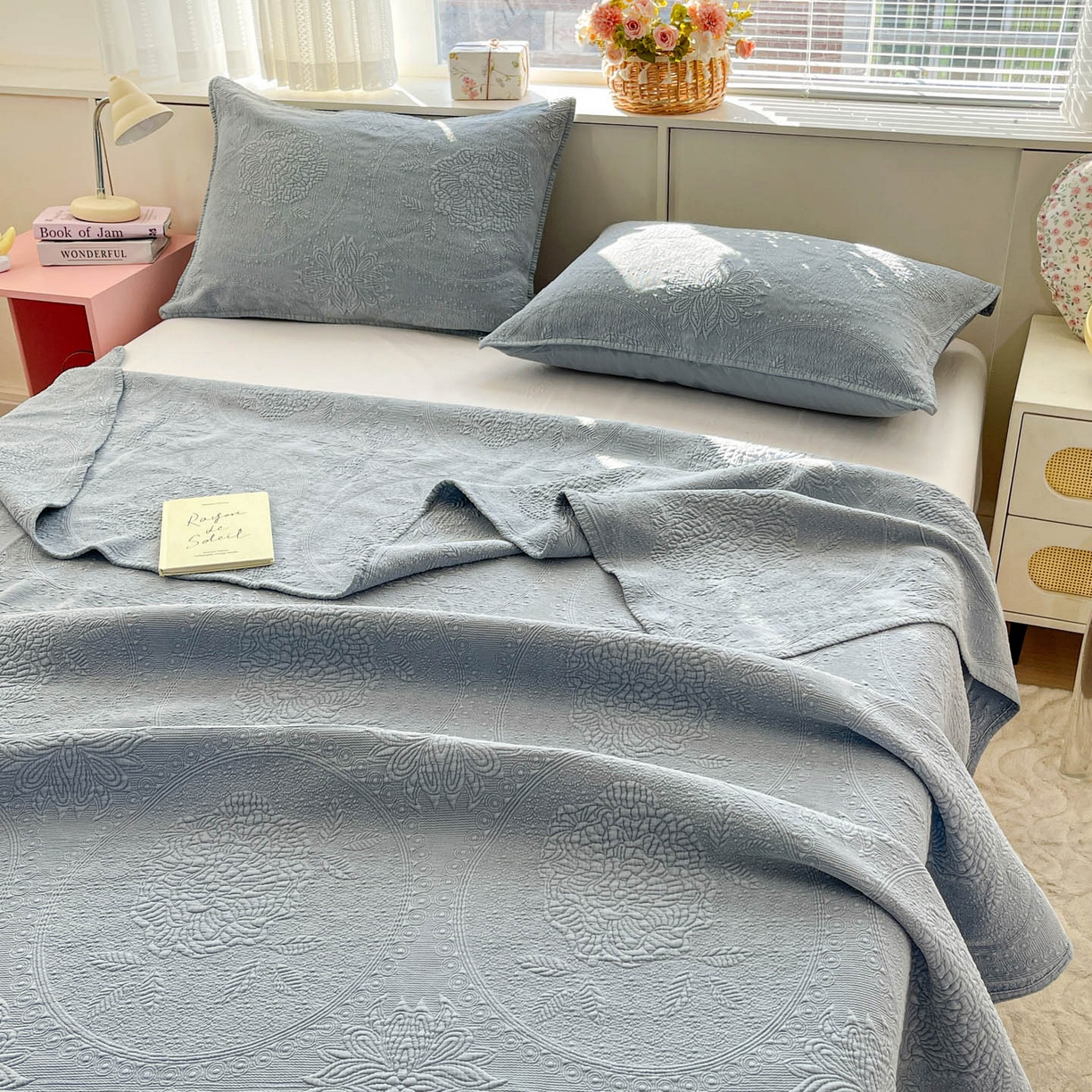 91家纺网 家纺一手货源 找家纺 栩裕纺织 2025新款全棉大提花砂洗床盖三件套—花开富贵大圆满系列 圆满-蓝