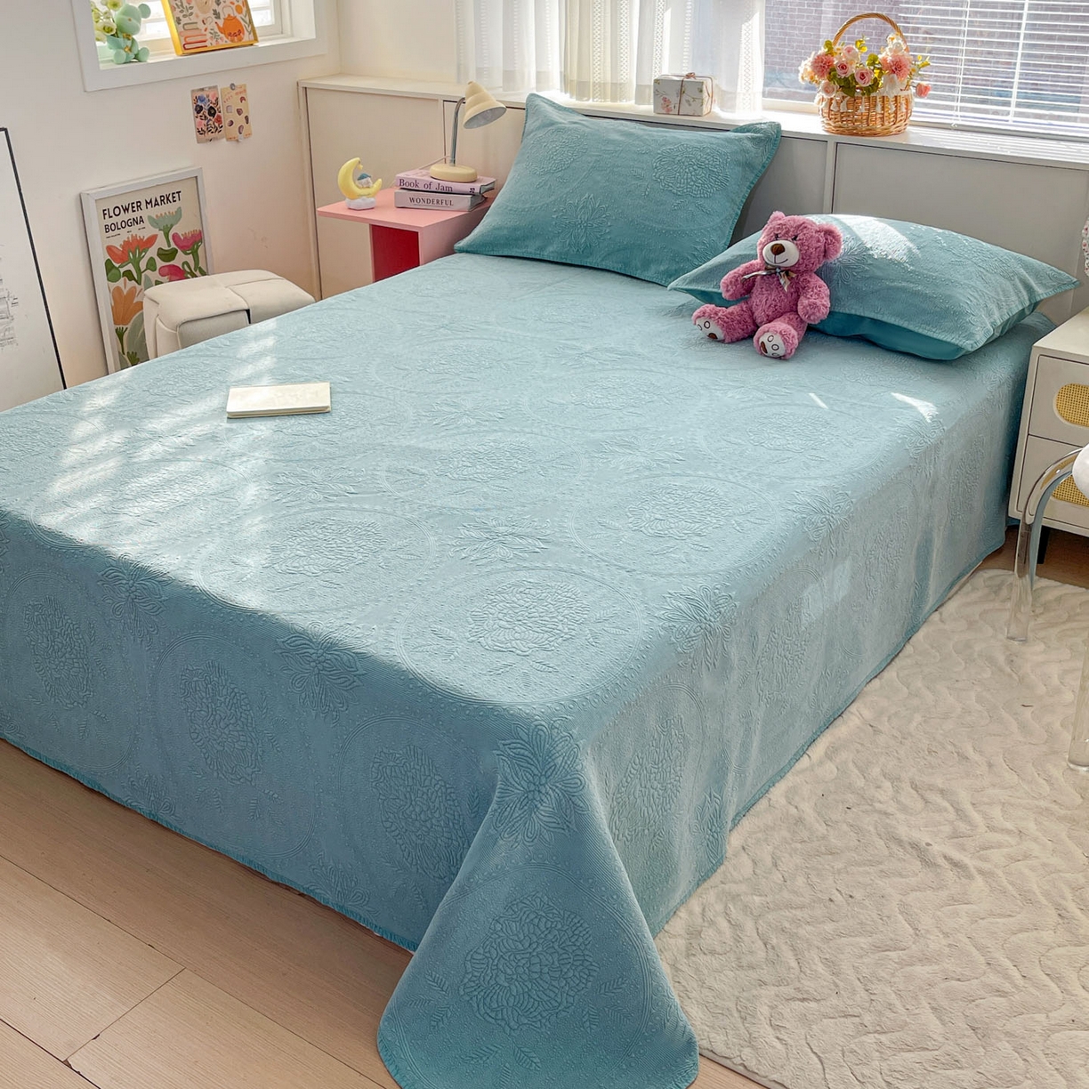 91家纺网 家纺一手货源 找家纺 栩裕纺织 2025新款全棉大提花砂洗床盖三件套—花开富贵大圆满系列 圆满-绿