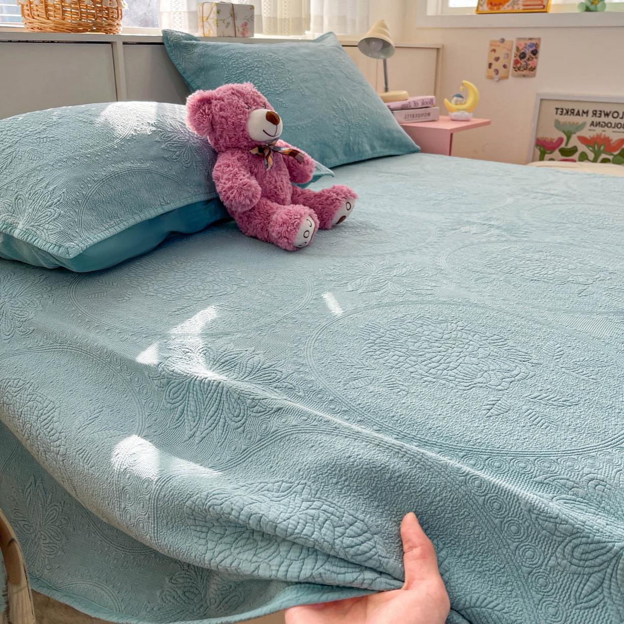 91家纺网 家纺一手货源 找家纺 栩裕纺织 2025新款全棉大提花砂洗床盖三件套—花开富贵大圆满系列 圆满-绿