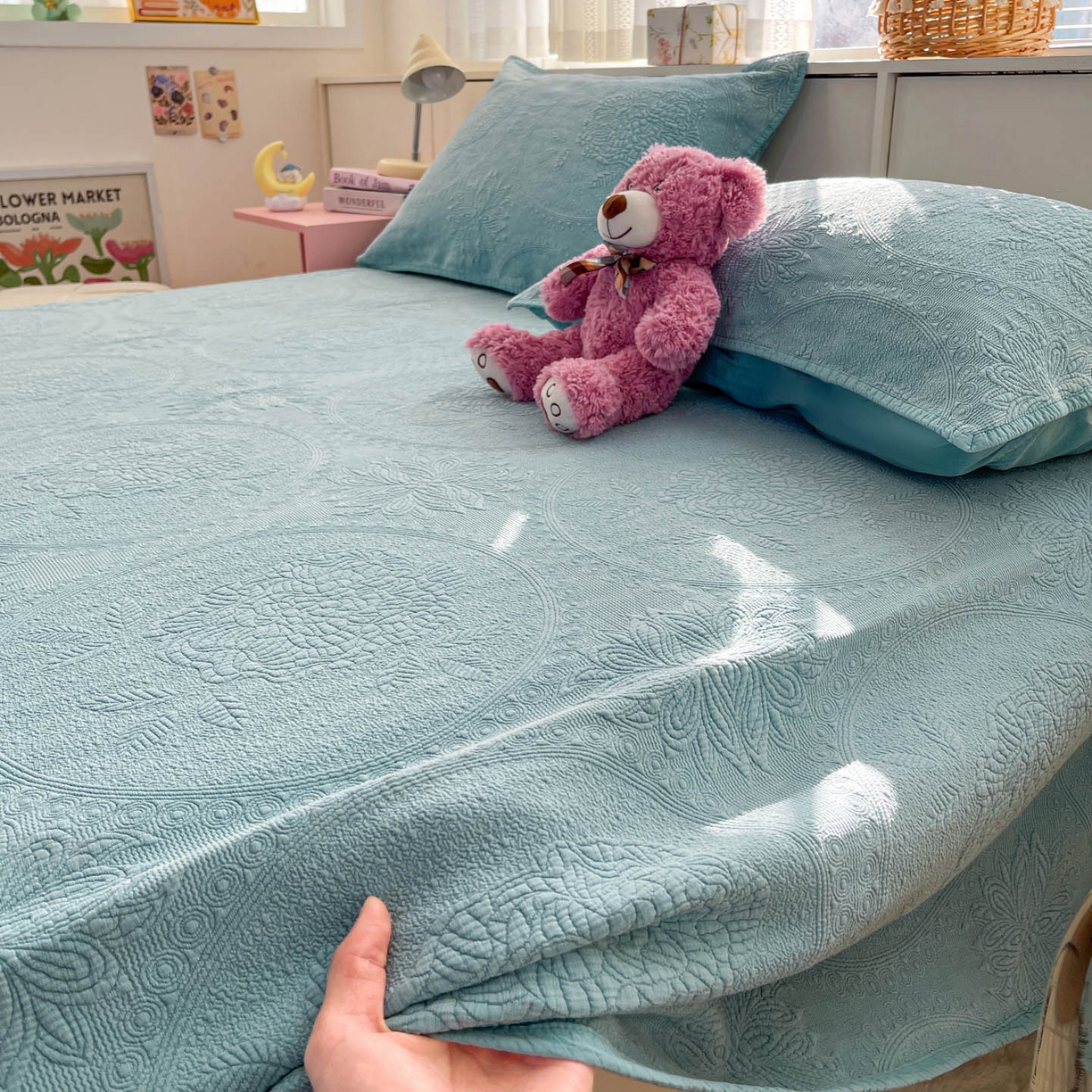 91家纺网 家纺一手货源 找家纺 栩裕纺织 2025新款全棉大提花砂洗床盖三件套—花开富贵大圆满系列 圆满-绿