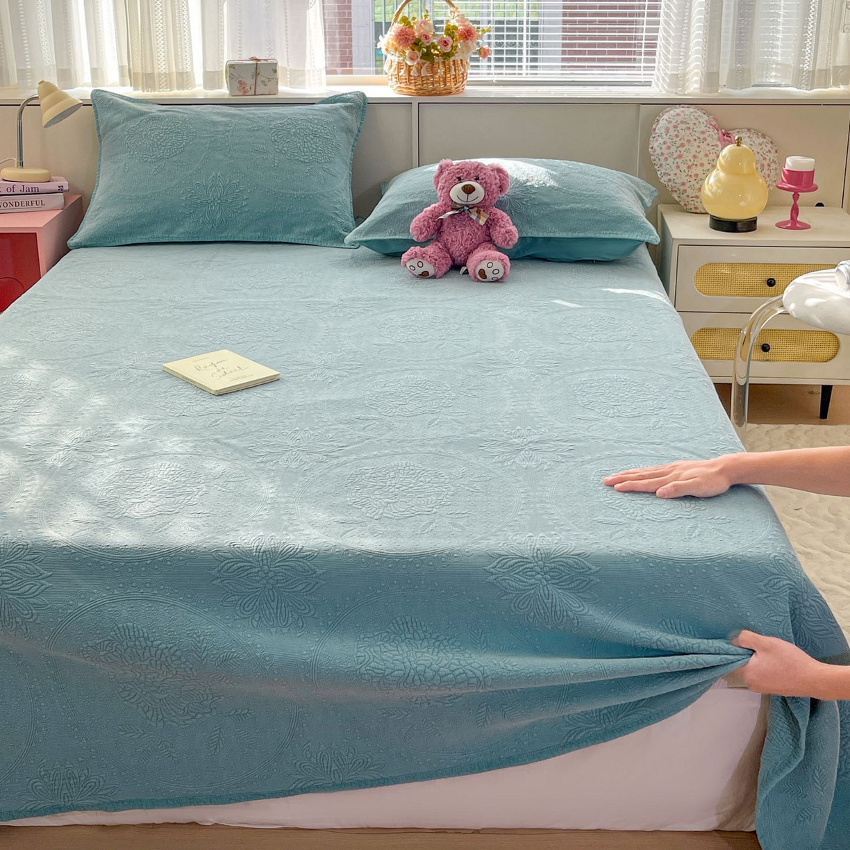 91家纺网 家纺一手货源 找家纺 栩裕纺织 2025新款全棉大提花砂洗床盖三件套—花开富贵大圆满系列 圆满-绿