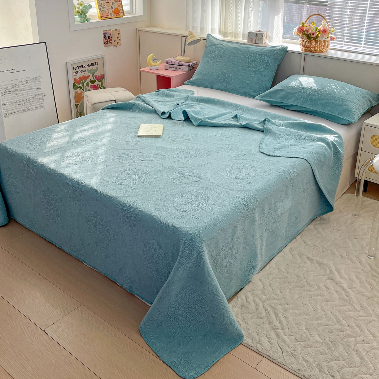 91家纺网 家纺一手货源 找家纺 栩裕纺织 2025新款全棉大提花砂洗床盖三件套—花开富贵大圆满系列 圆满-绿