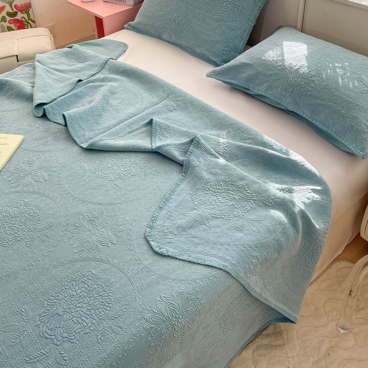 91家纺网 家纺一手货源 找家纺 栩裕纺织 2025新款全棉大提花砂洗床盖三件套—花开富贵大圆满系列 圆满-绿