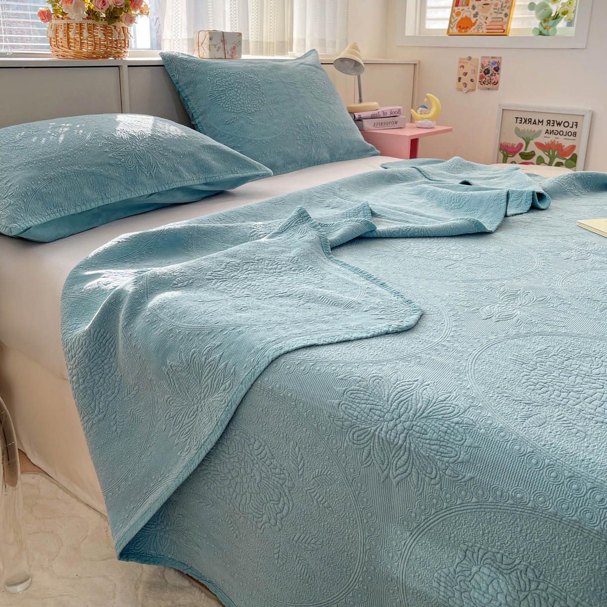 91家纺网 家纺一手货源 找家纺 栩裕纺织 2025新款全棉大提花砂洗床盖三件套—花开富贵大圆满系列 圆满-绿