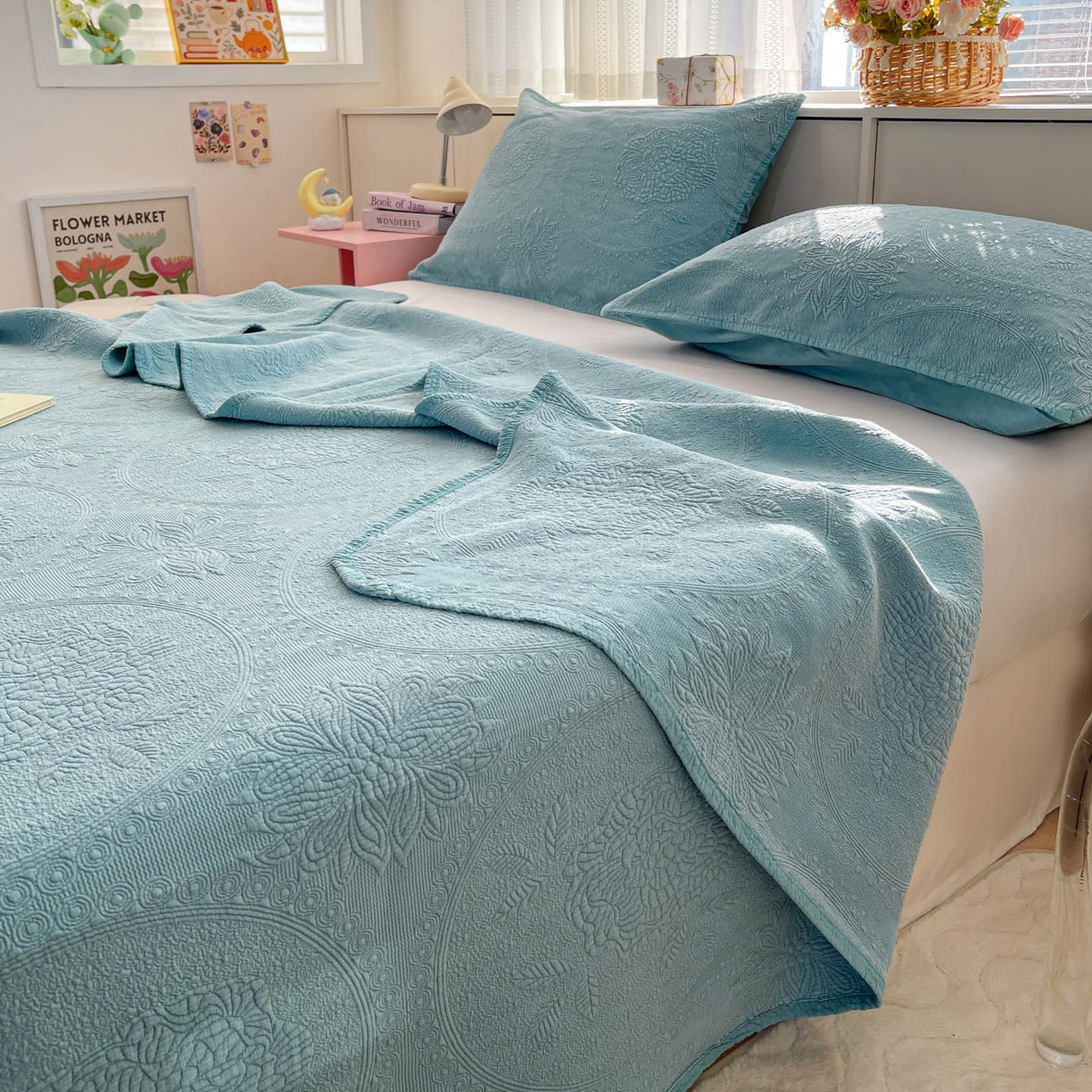 91家纺网 家纺一手货源 找家纺 栩裕纺织 2025新款全棉大提花砂洗床盖三件套—花开富贵大圆满系列 圆满-绿