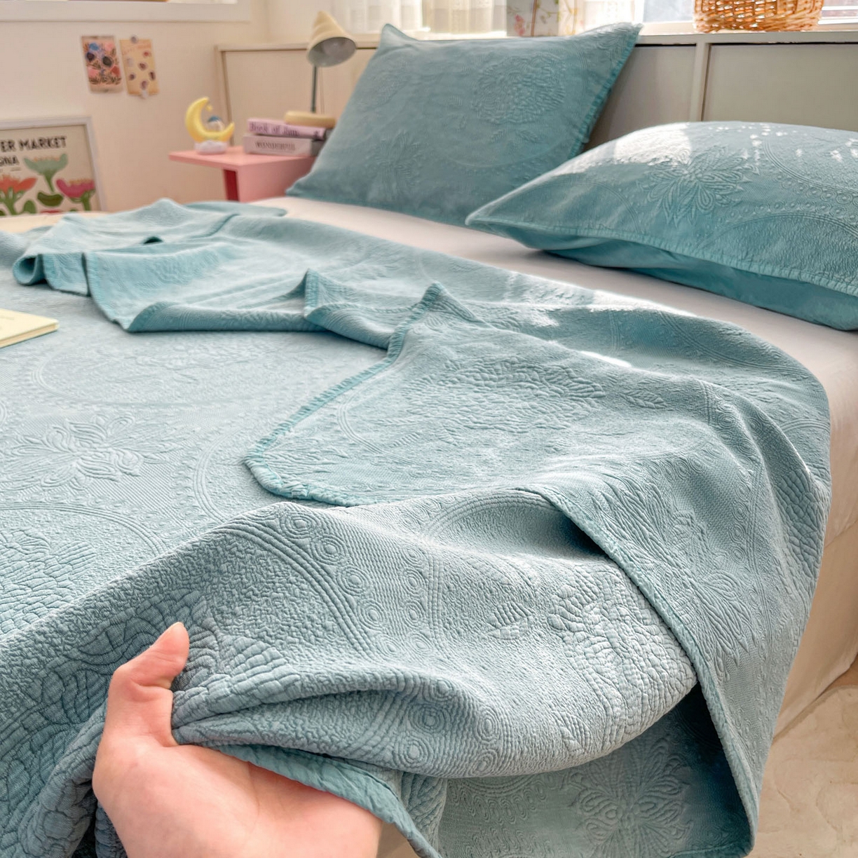 91家纺网 家纺一手货源 找家纺 栩裕纺织 2025新款全棉大提花砂洗床盖三件套—花开富贵大圆满系列 圆满-绿