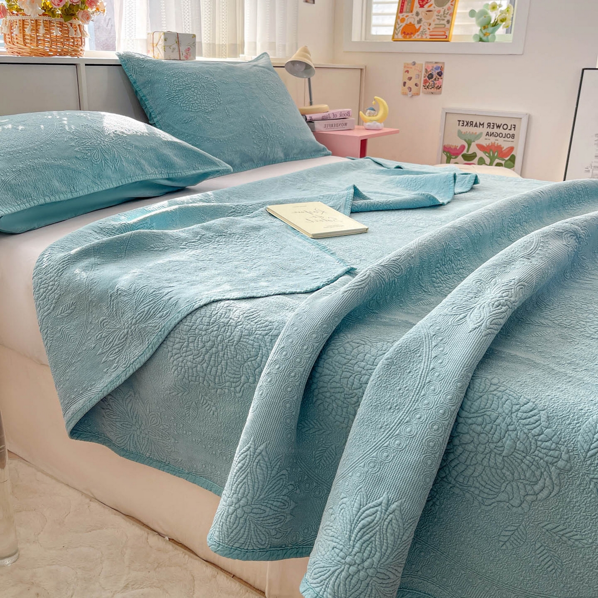 91家纺网 家纺一手货源 找家纺 栩裕纺织 2025新款全棉大提花砂洗床盖三件套—花开富贵大圆满系列 圆满-绿