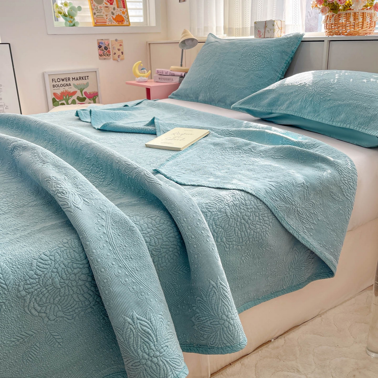 91家纺网 家纺一手货源 找家纺 栩裕纺织 2025新款全棉大提花砂洗床盖三件套—花开富贵大圆满系列 圆满-绿