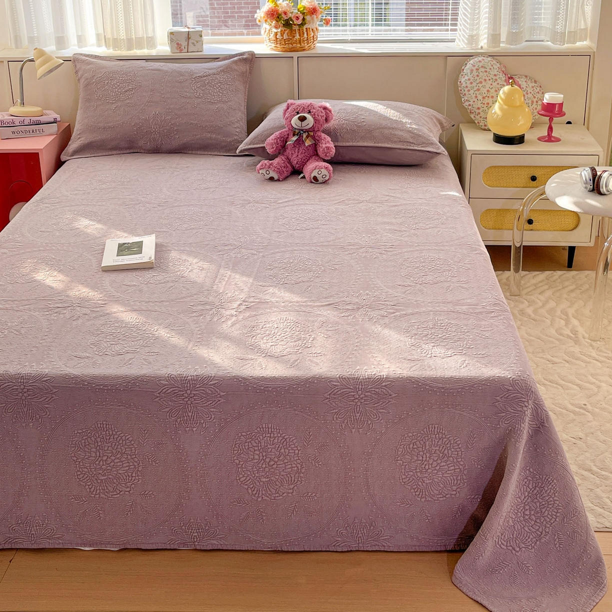 91家纺网 家纺一手货源 找家纺 栩裕纺织 2025新款全棉大提花砂洗床盖三件套—花开富贵大圆满系列 圆满-紫