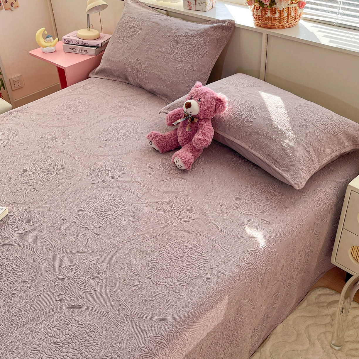 91家纺网 家纺一手货源 找家纺 栩裕纺织 2025新款全棉大提花砂洗床盖三件套—花开富贵大圆满系列 圆满-紫