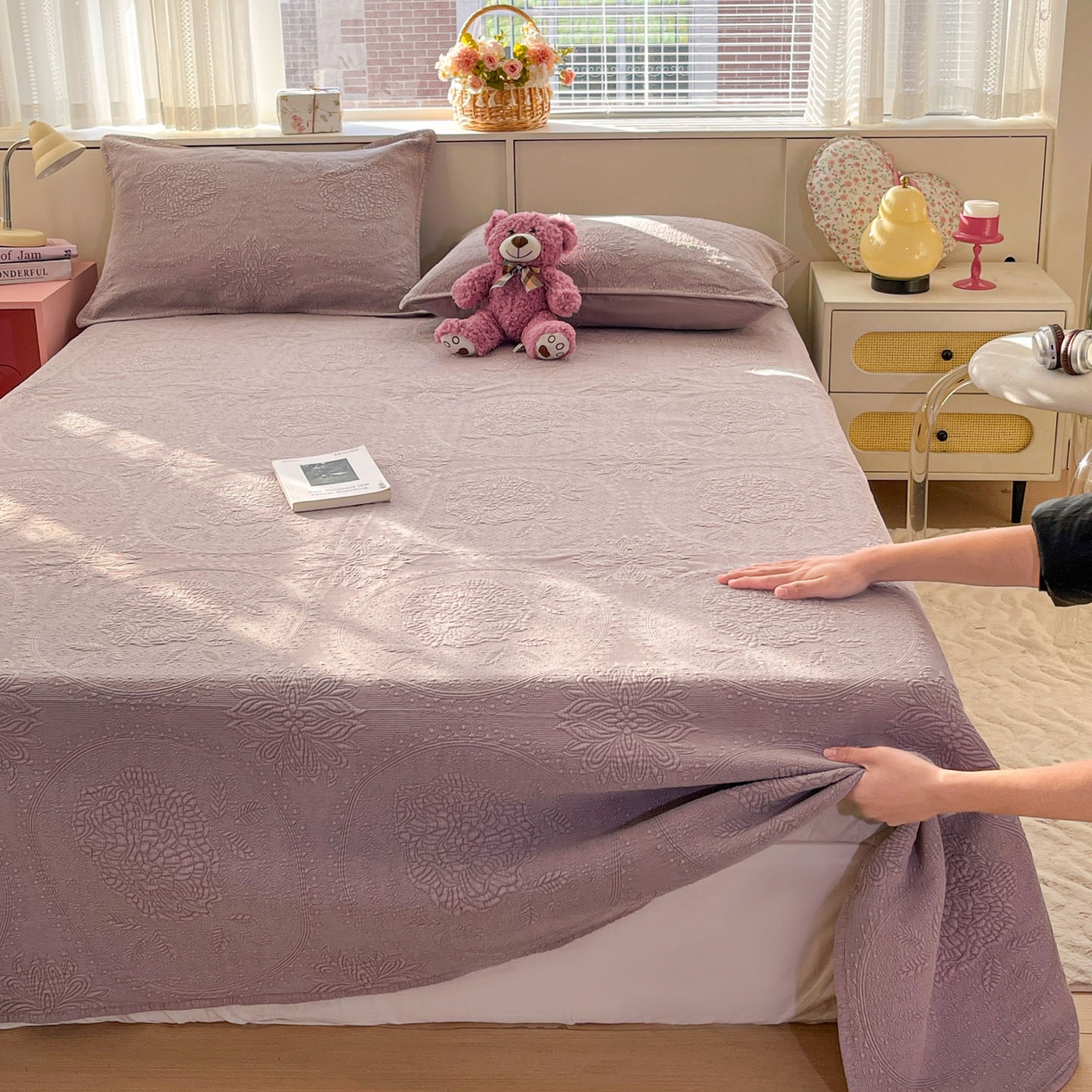 91家纺网 家纺一手货源 找家纺 栩裕纺织 2025新款全棉大提花砂洗床盖三件套—花开富贵大圆满系列 圆满-紫