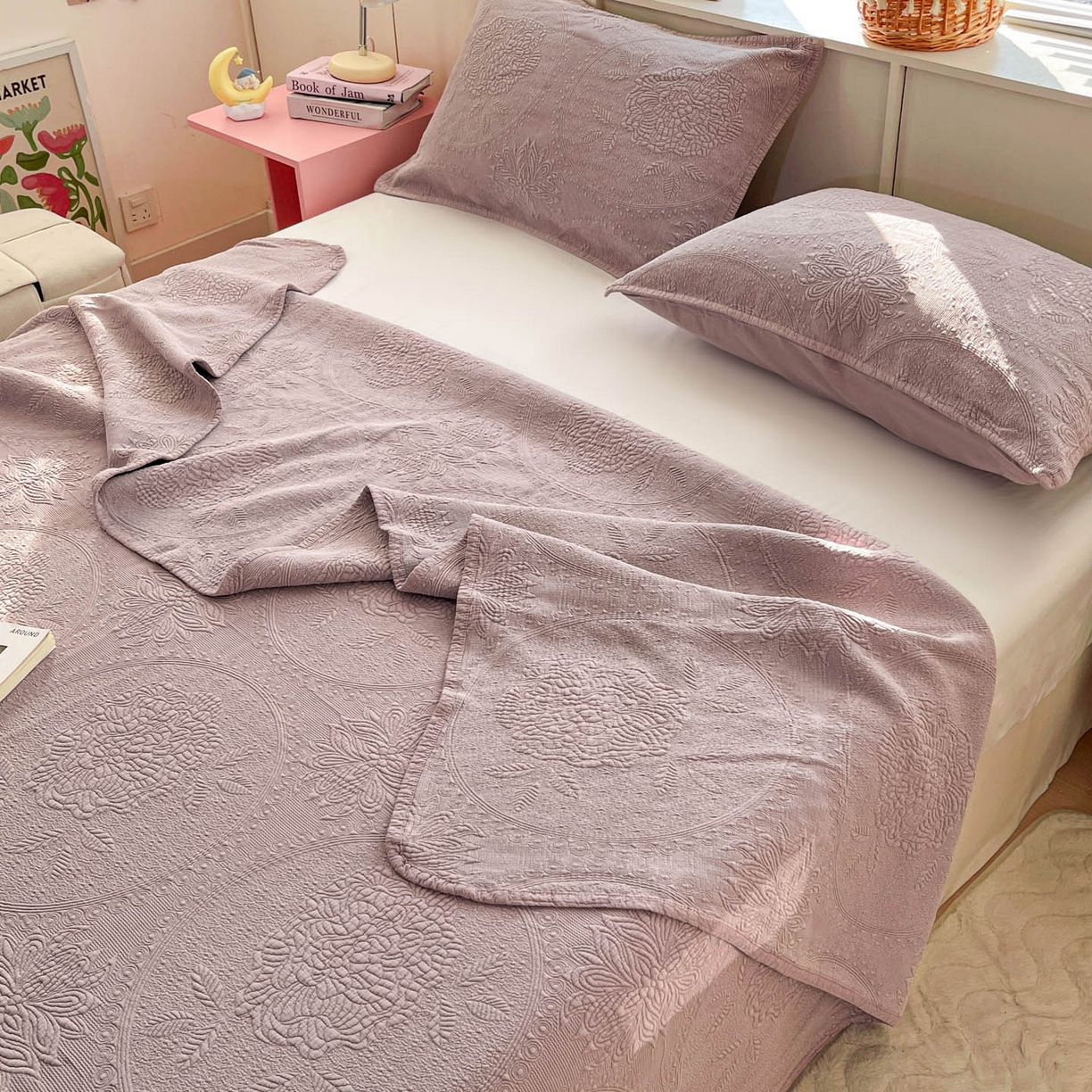 91家纺网 家纺一手货源 找家纺 栩裕纺织 2025新款全棉大提花砂洗床盖三件套—花开富贵大圆满系列 圆满-紫