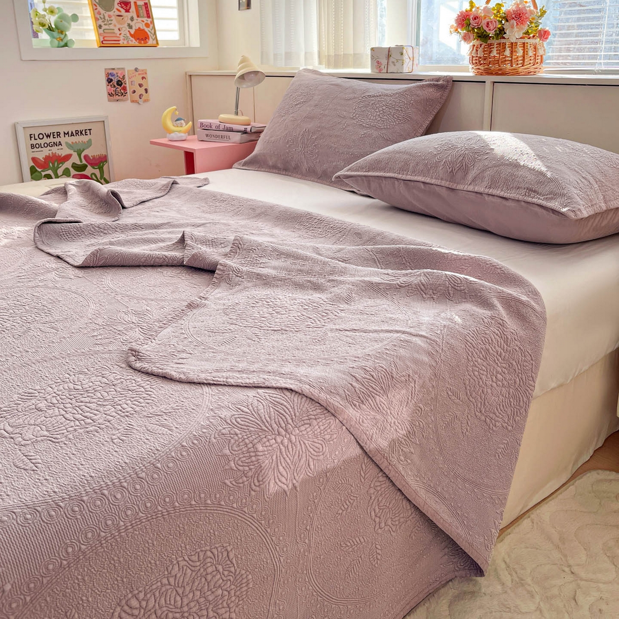 91家纺网 家纺一手货源 找家纺 栩裕纺织 2025新款全棉大提花砂洗床盖三件套—花开富贵大圆满系列 圆满-紫