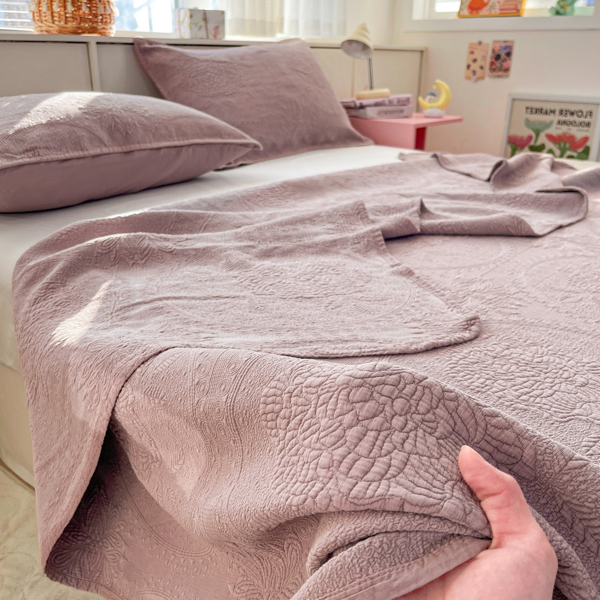 91家纺网 家纺一手货源 找家纺 栩裕纺织 2025新款全棉大提花砂洗床盖三件套—花开富贵大圆满系列 圆满-紫