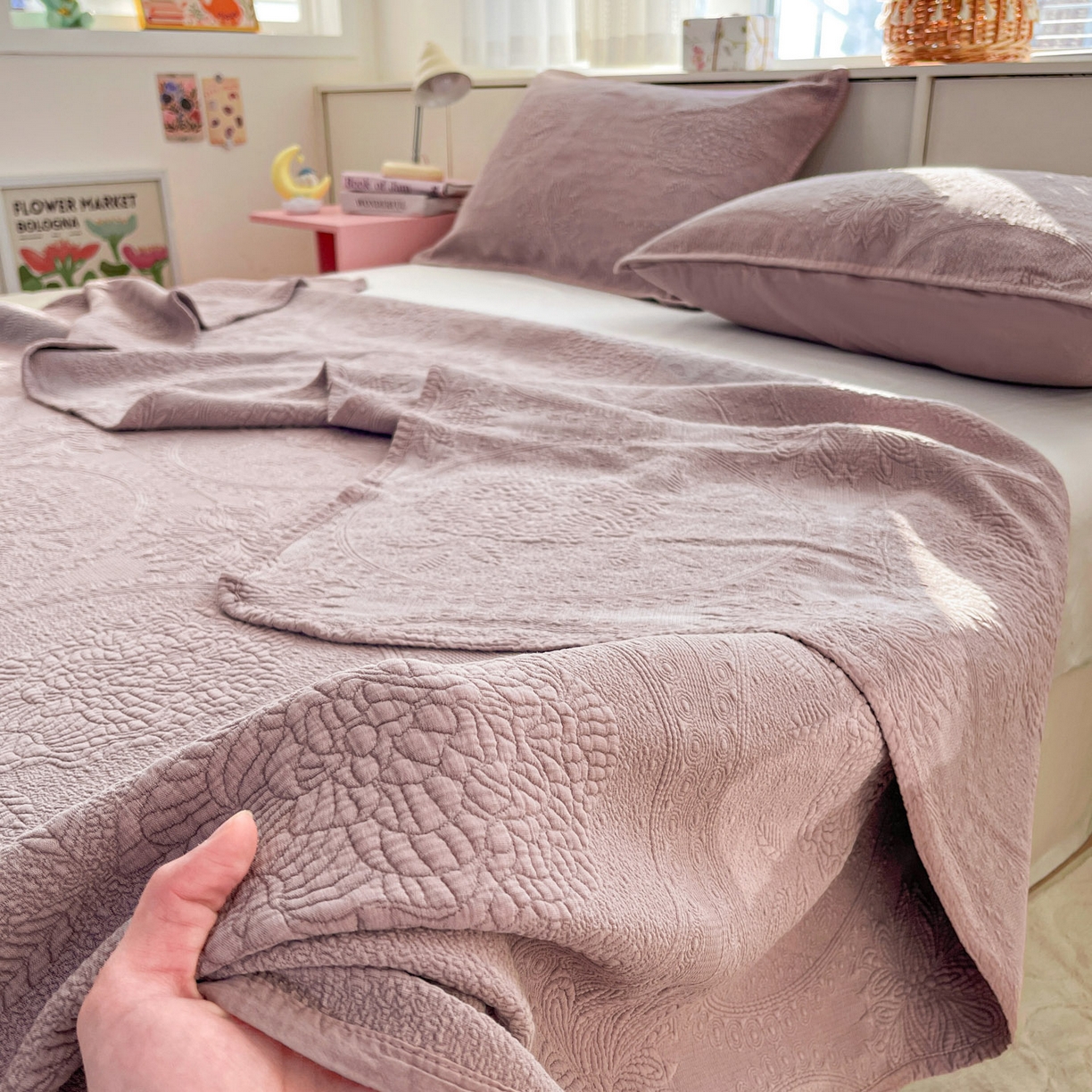 91家纺网 家纺一手货源 找家纺 栩裕纺织 2025新款全棉大提花砂洗床盖三件套—花开富贵大圆满系列 圆满-紫