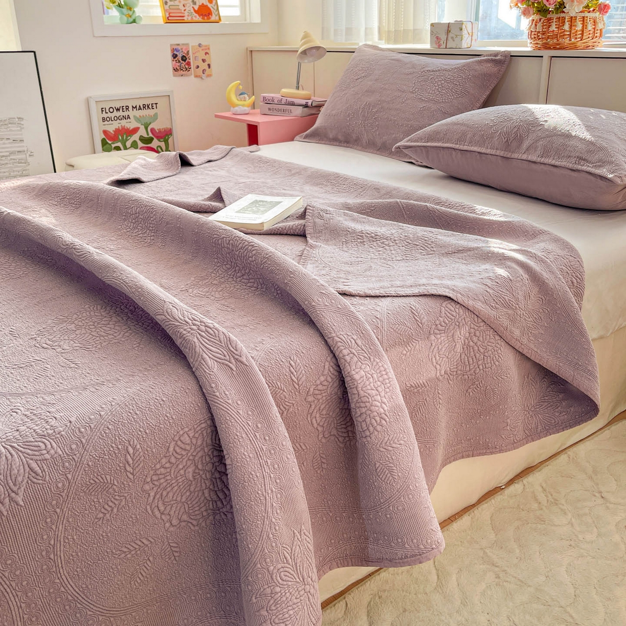 91家纺网 家纺一手货源 找家纺 栩裕纺织 2025新款全棉大提花砂洗床盖三件套—花开富贵大圆满系列 圆满-紫