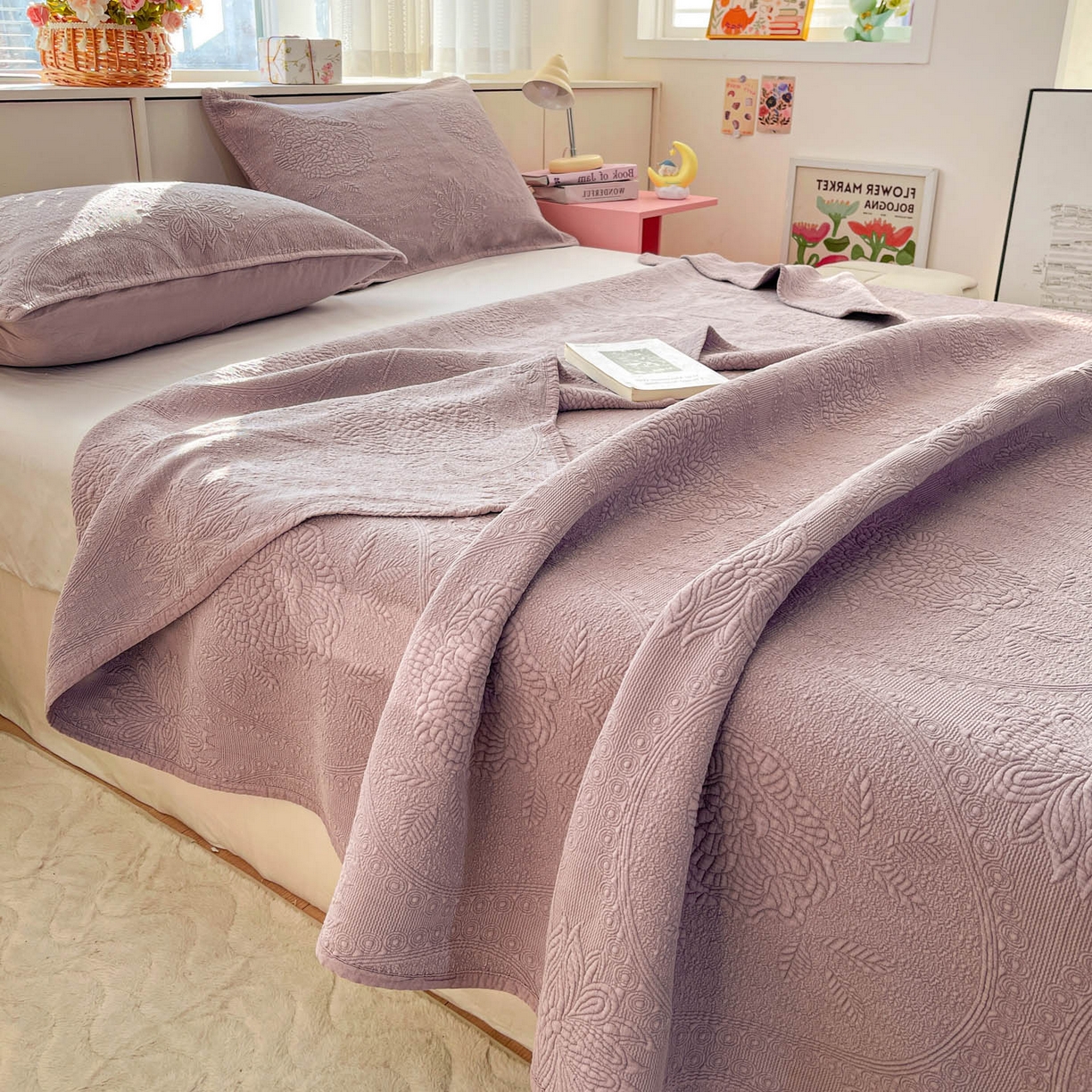 91家纺网 家纺一手货源 找家纺 栩裕纺织 2025新款全棉大提花砂洗床盖三件套—花开富贵大圆满系列 圆满-紫