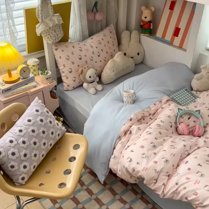 91家纺网 家纺一手货源 找家纺 （总）佳鸿家纺 2025新款卡通云感双层纱宿舍床单三件套居家四件套床单被套床笠款（提供买家秀）