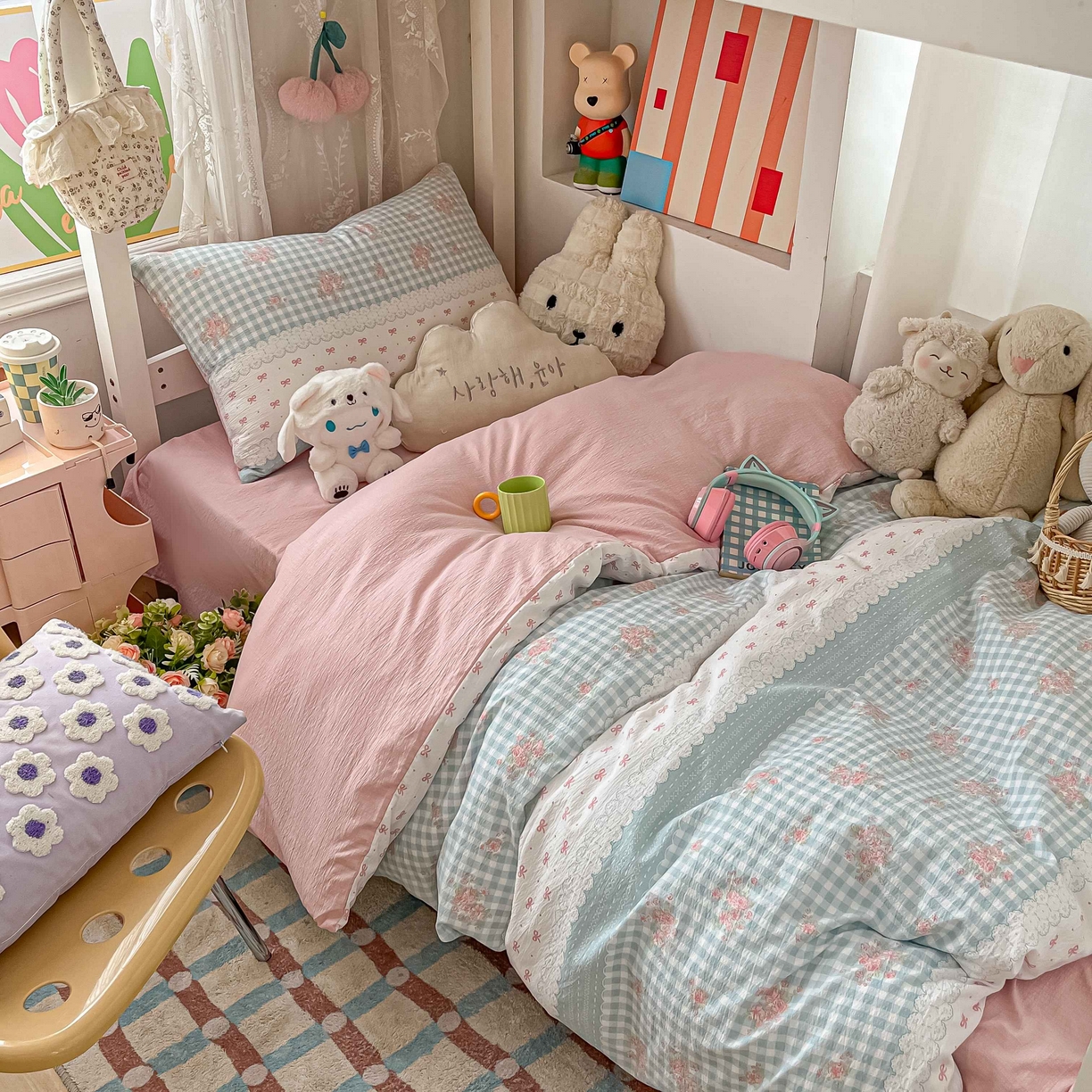 91家纺网 家纺一手货源 找家纺 （总）佳鸿家纺 2025新款卡通云感双层纱宿舍床单三件套居家四件套床单被套床笠款（提供买家秀）