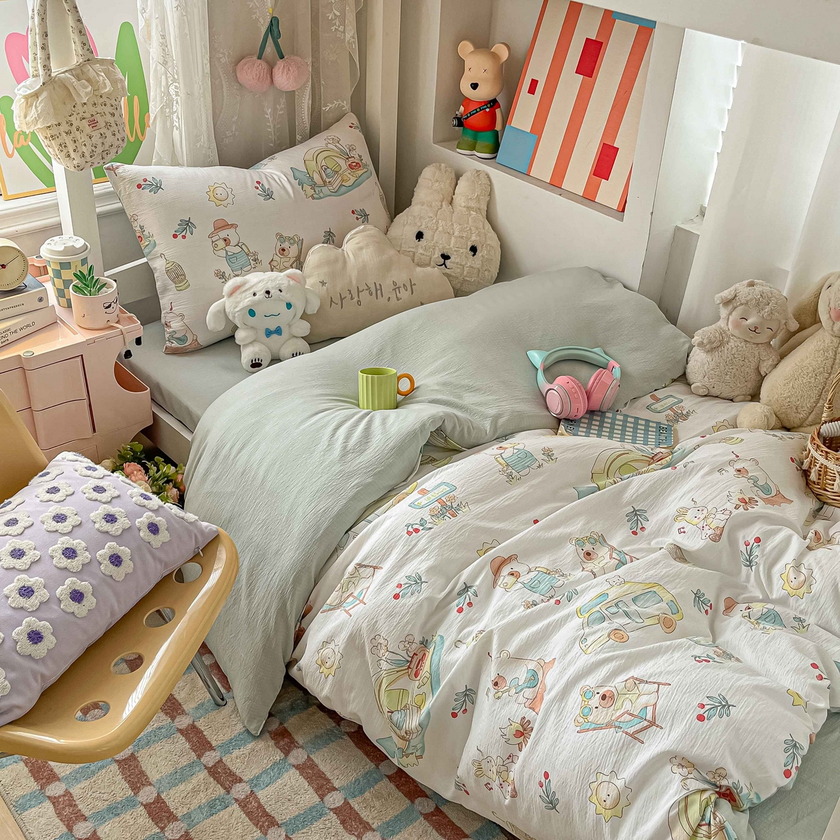 91家纺网 家纺一手货源 找家纺 （总）佳鸿家纺 2025新款卡通云感双层纱宿舍床单三件套居家四件套床单被套床笠款（提供买家秀）