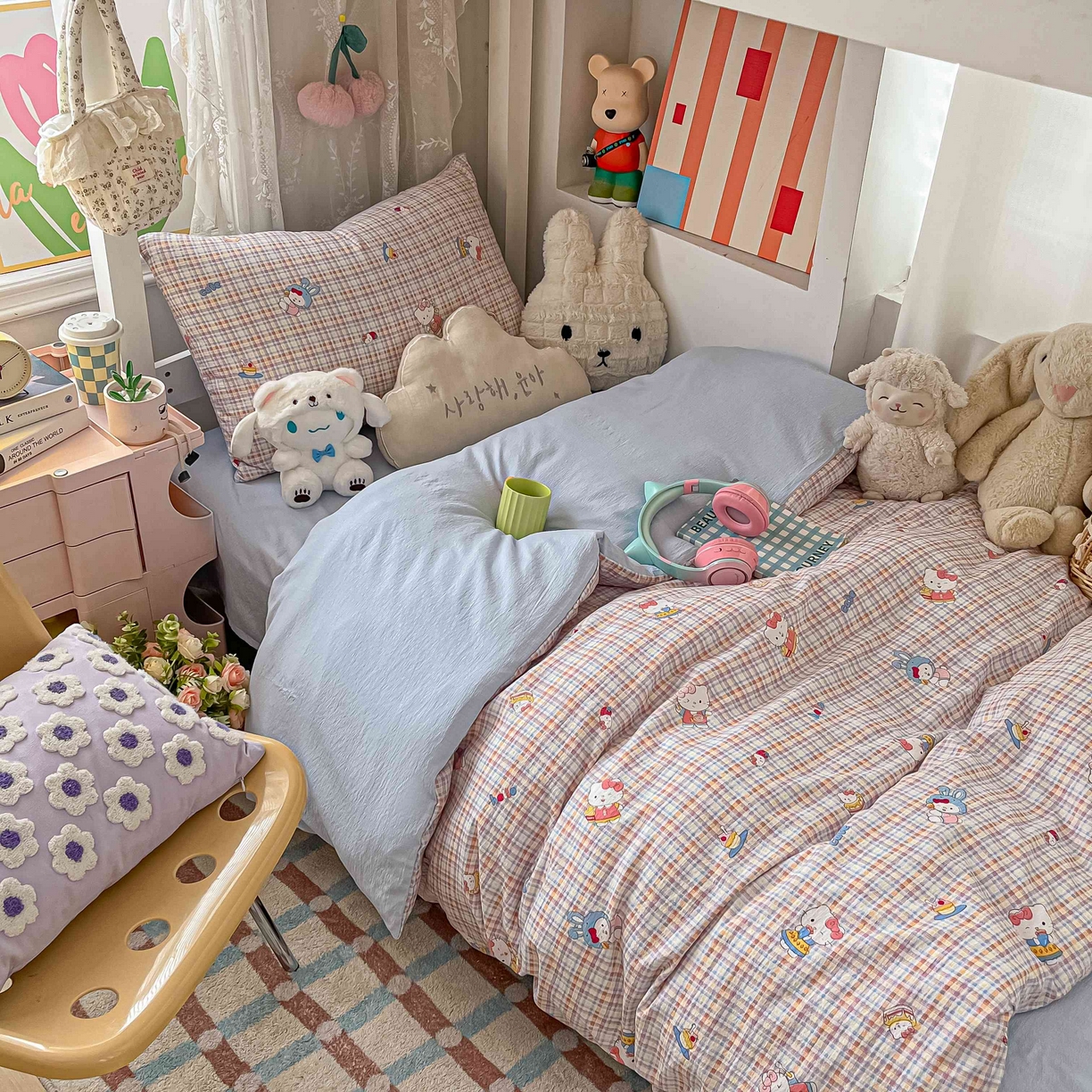 佳鸿家纺 2025新款卡通云感双层纱宿舍床单三件套居家四件套床单被套床笠款（提供买家秀） 彩格kt