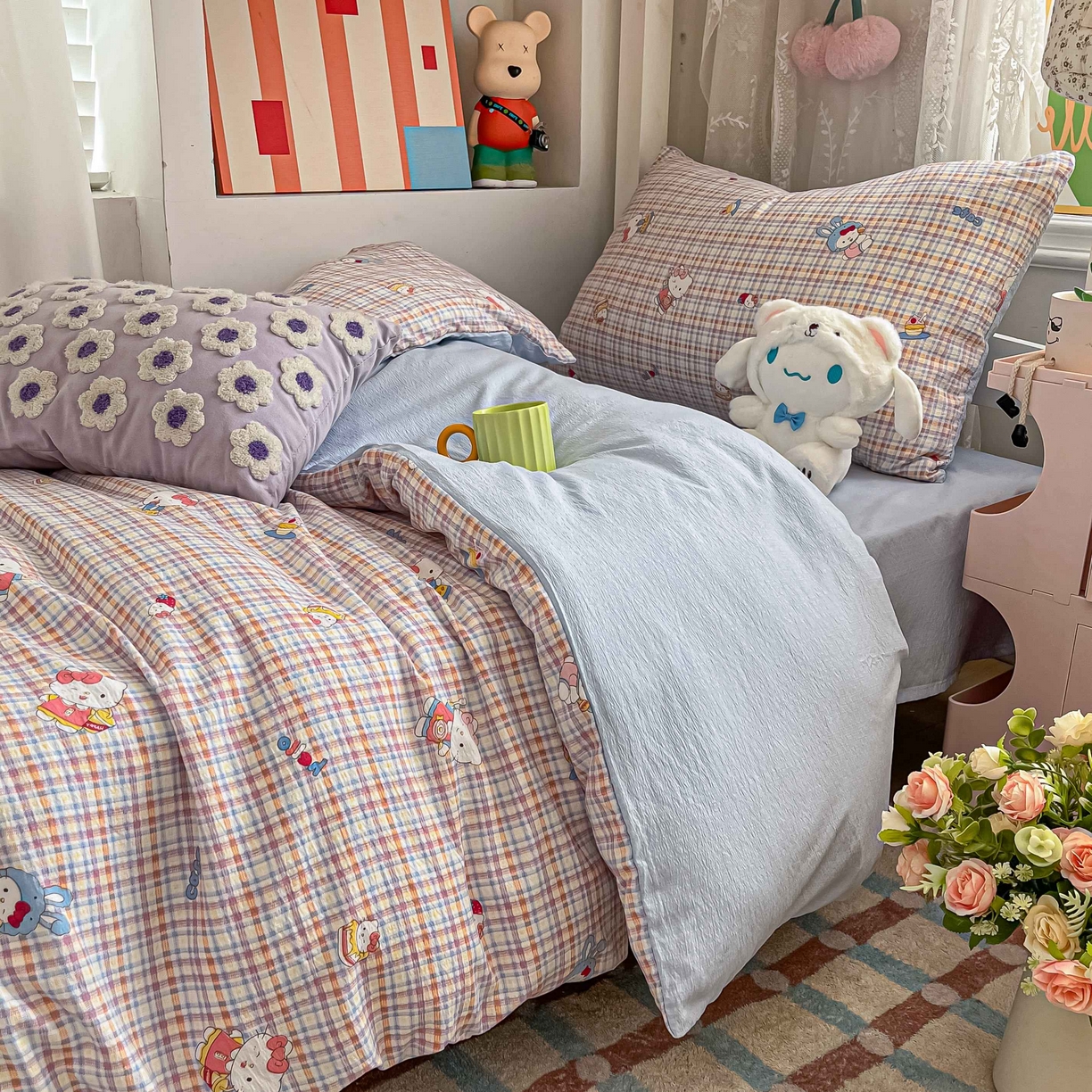 91家纺网 家纺一手货源 找家纺 佳鸿家纺 2025新款卡通云感双层纱宿舍床单三件套居家四件套床单被套床笠款（提供买家秀） 彩格kt