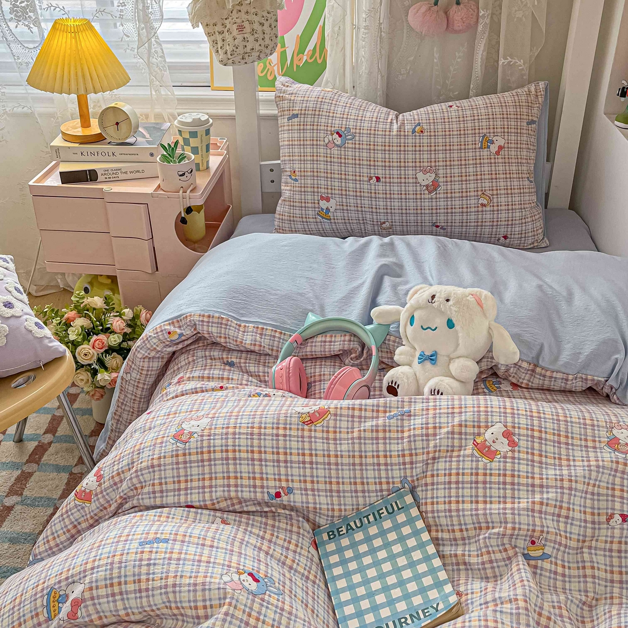 91家纺网 家纺一手货源 找家纺 佳鸿家纺 2025新款卡通云感双层纱宿舍床单三件套居家四件套床单被套床笠款（提供买家秀） 彩格kt