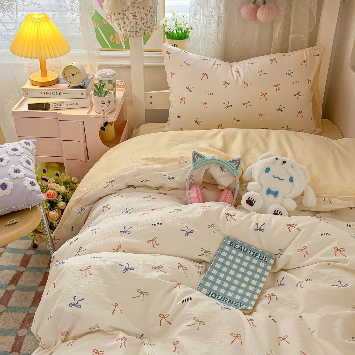 91家纺网 家纺一手货源 找家纺 佳鸿家纺 2025新款卡通云感双层纱宿舍床单三件套居家四件套床单被套床笠款（提供买家秀） 彩色蝴蝶结