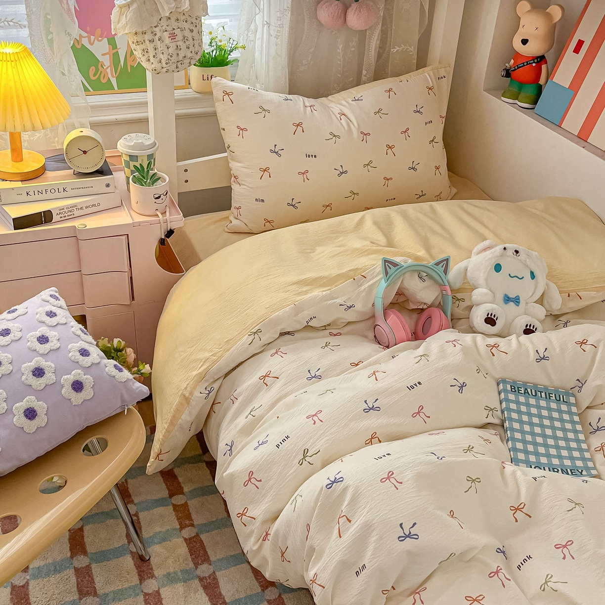 91家纺网 家纺一手货源 找家纺 佳鸿家纺 2025新款卡通云感双层纱宿舍床单三件套居家四件套床单被套床笠款（提供买家秀） 彩色蝴蝶结