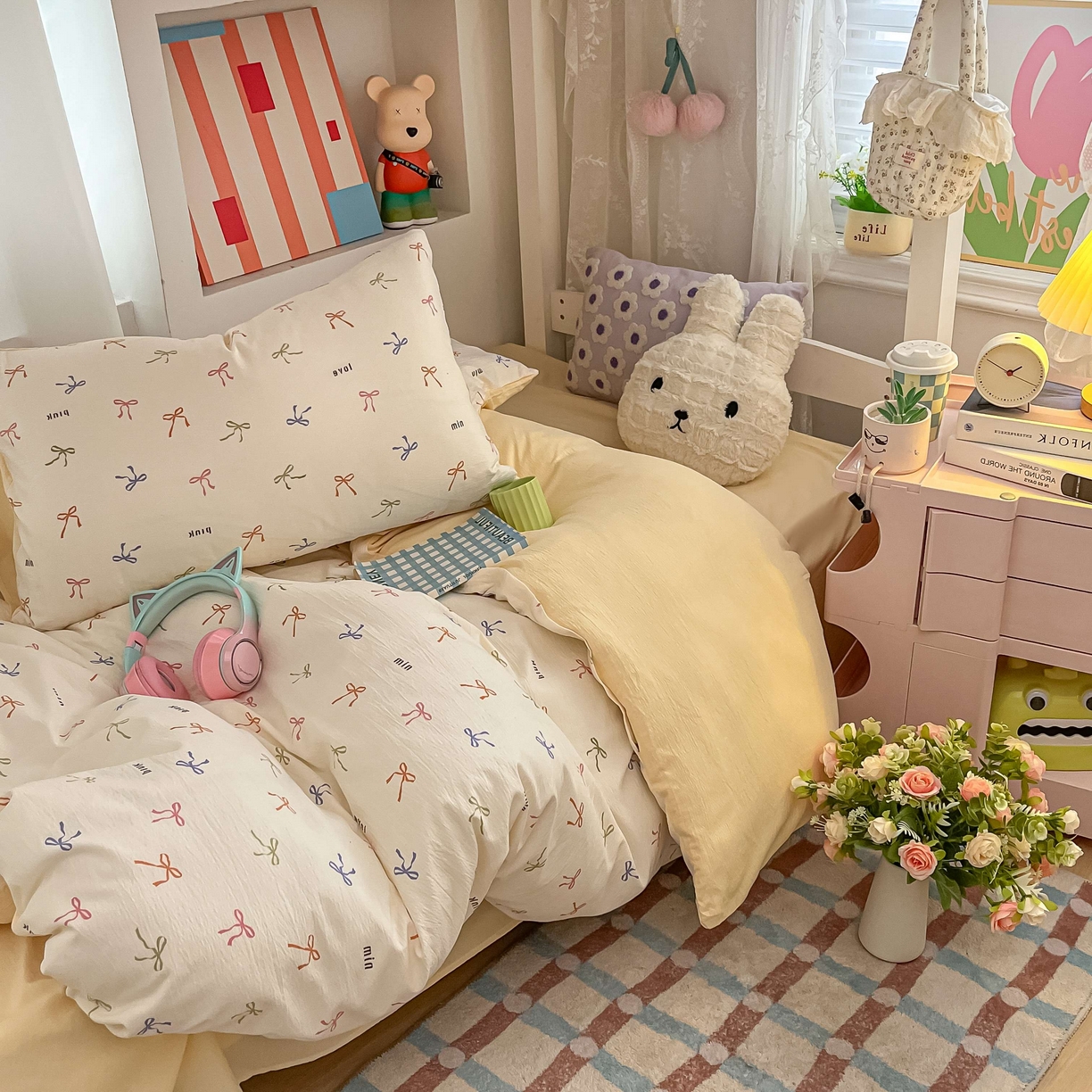 91家纺网 家纺一手货源 找家纺 佳鸿家纺 2025新款卡通云感双层纱宿舍床单三件套居家四件套床单被套床笠款（提供买家秀） 彩色蝴蝶结