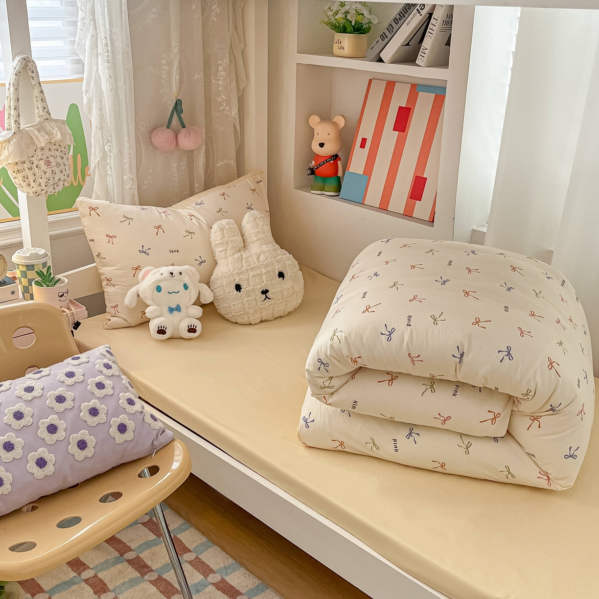 91家纺网 家纺一手货源 找家纺 佳鸿家纺 2025新款卡通云感双层纱宿舍床单三件套居家四件套床单被套床笠款（提供买家秀） 彩色蝴蝶结