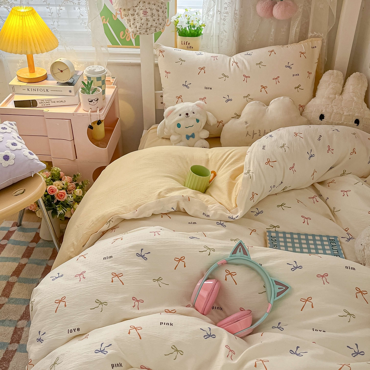 91家纺网 家纺一手货源 找家纺 佳鸿家纺 2025新款卡通云感双层纱宿舍床单三件套居家四件套床单被套床笠款（提供买家秀） 彩色蝴蝶结