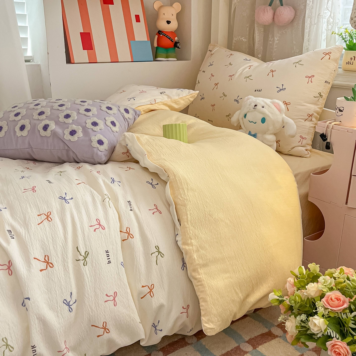 91家纺网 家纺一手货源 找家纺 佳鸿家纺 2025新款卡通云感双层纱宿舍床单三件套居家四件套床单被套床笠款（提供买家秀） 彩色蝴蝶结