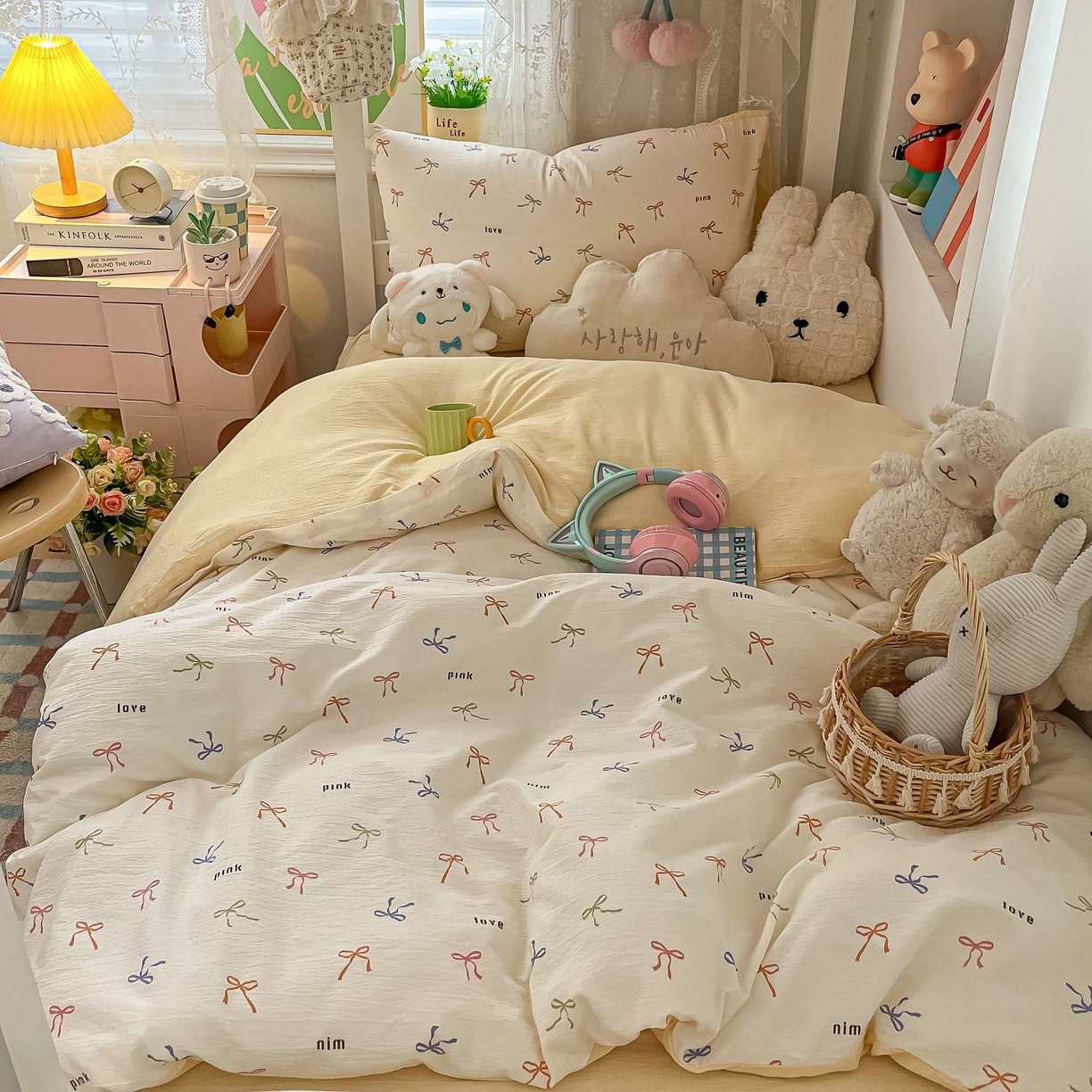 91家纺网 家纺一手货源 找家纺 佳鸿家纺 2025新款卡通云感双层纱宿舍床单三件套居家四件套床单被套床笠款（提供买家秀） 彩色蝴蝶结