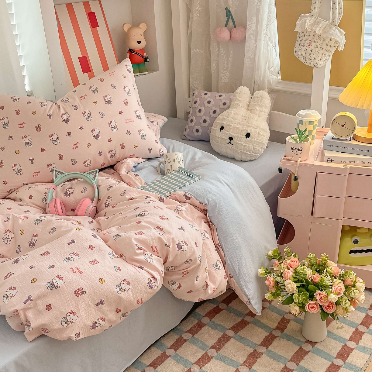 91家纺网 家纺一手货源 找家纺 佳鸿家纺 2025新款卡通云感双层纱宿舍床单三件套居家四件套床单被套床笠款（提供买家秀） 粉猫甜心派对