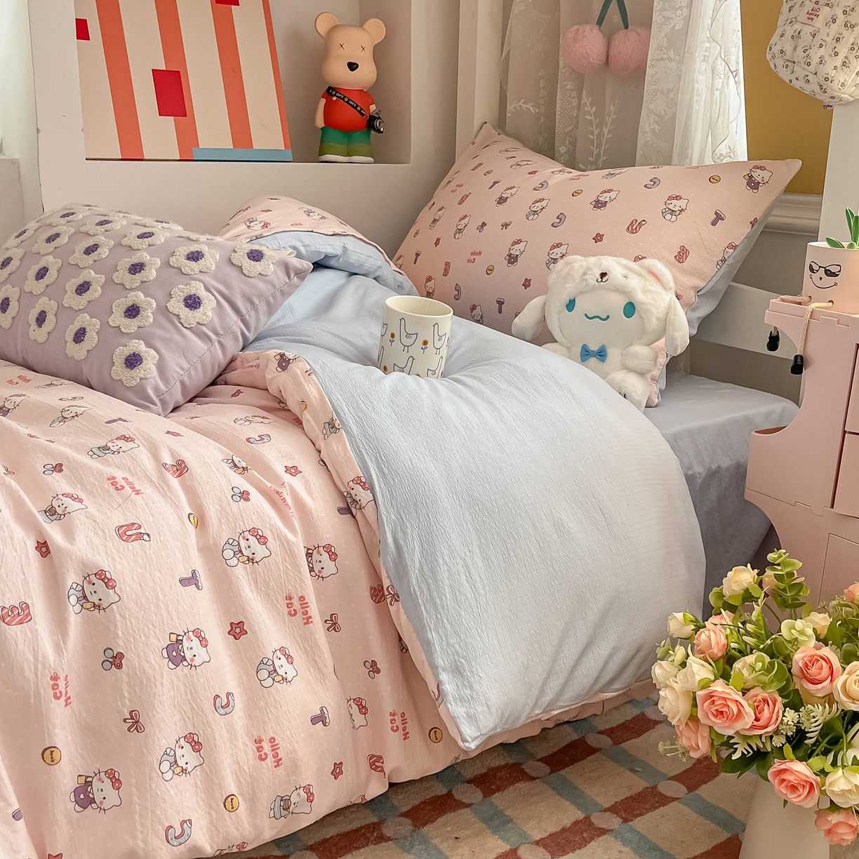 91家纺网 家纺一手货源 找家纺 佳鸿家纺 2025新款卡通云感双层纱宿舍床单三件套居家四件套床单被套床笠款（提供买家秀） 粉猫甜心派对