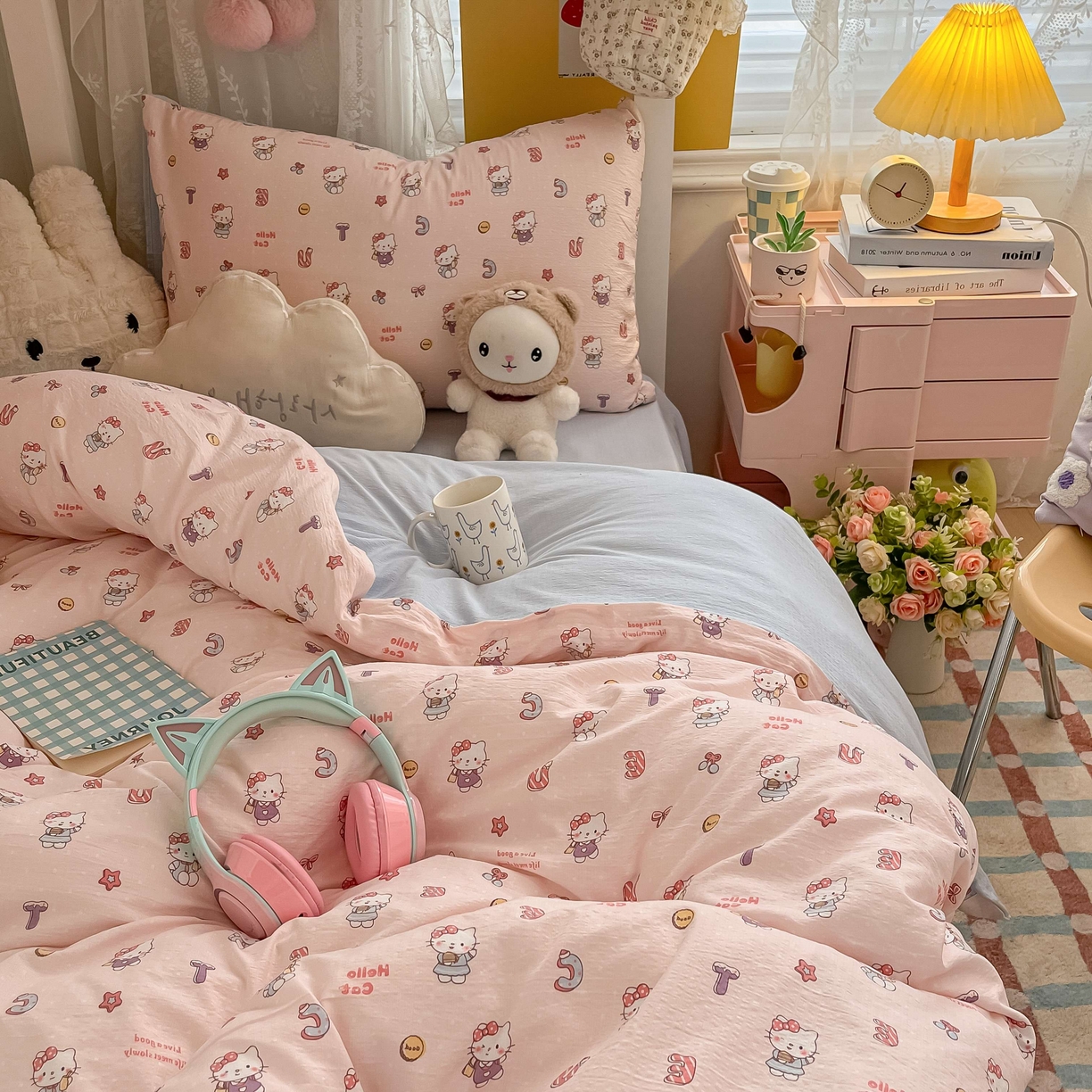 91家纺网 家纺一手货源 找家纺 佳鸿家纺 2025新款卡通云感双层纱宿舍床单三件套居家四件套床单被套床笠款（提供买家秀） 粉猫甜心派对