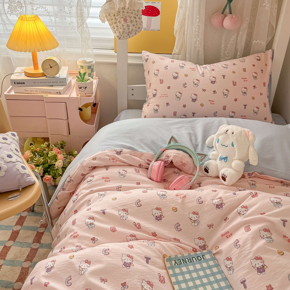91家纺网 家纺一手货源 找家纺 佳鸿家纺 2025新款卡通云感双层纱宿舍床单三件套居家四件套床单被套床笠款（提供买家秀） 粉猫甜心派对