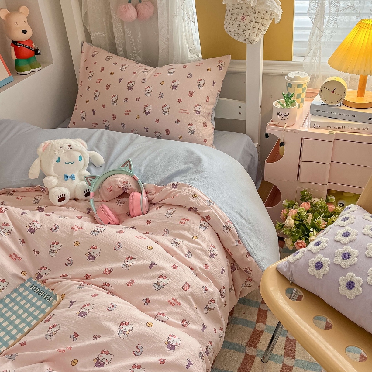 91家纺网 家纺一手货源 找家纺 佳鸿家纺 2025新款卡通云感双层纱宿舍床单三件套居家四件套床单被套床笠款（提供买家秀） 粉猫甜心派对