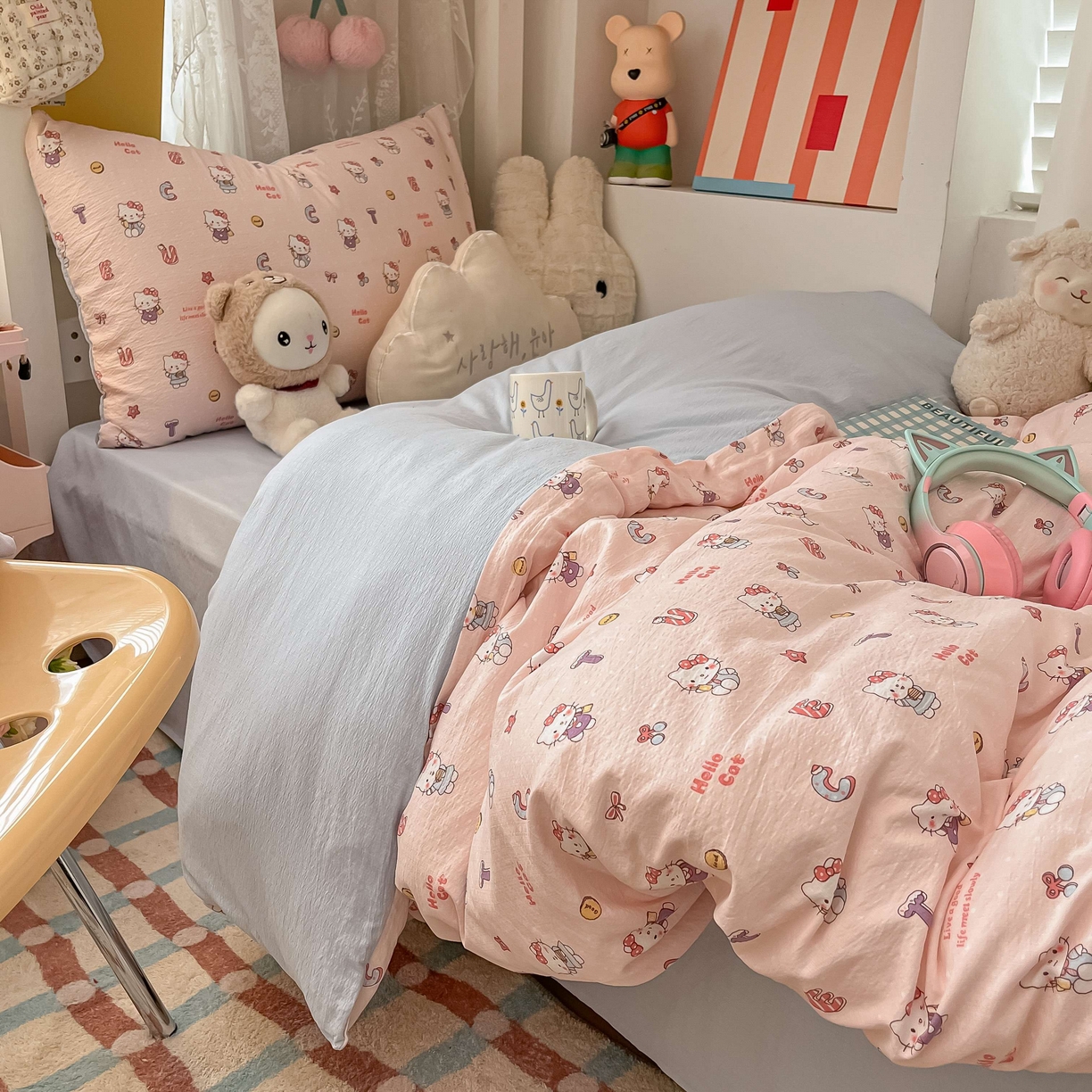 91家纺网 家纺一手货源 找家纺 佳鸿家纺 2025新款卡通云感双层纱宿舍床单三件套居家四件套床单被套床笠款（提供买家秀） 粉猫甜心派对
