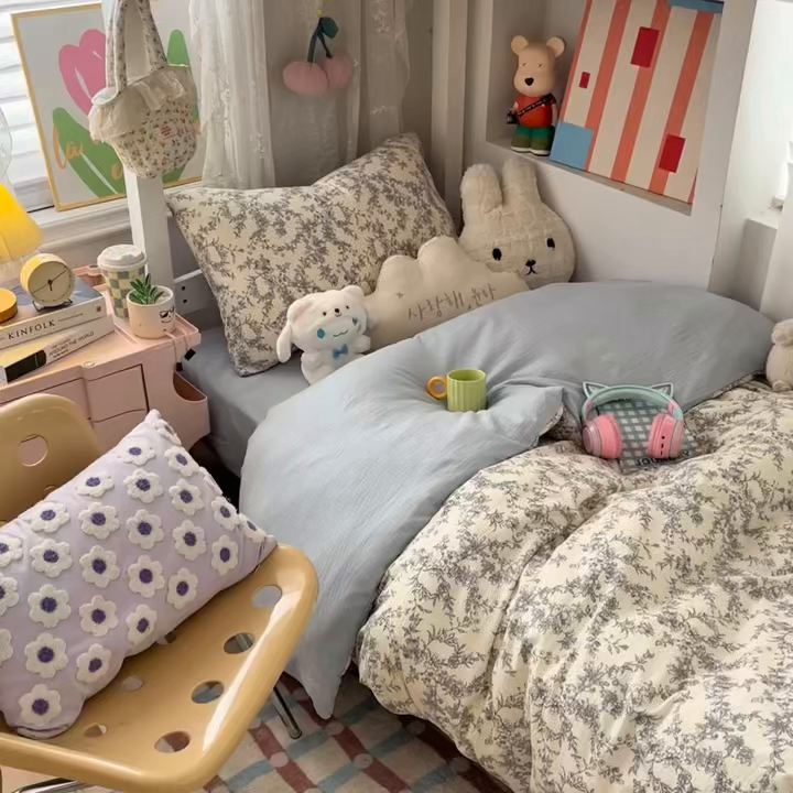 91家纺网 家纺一手货源 找家纺 佳鸿家纺 2025新款卡通云感双层纱宿舍床单三件套居家四件套床单被套床笠款（提供买家秀） 灰调碎花